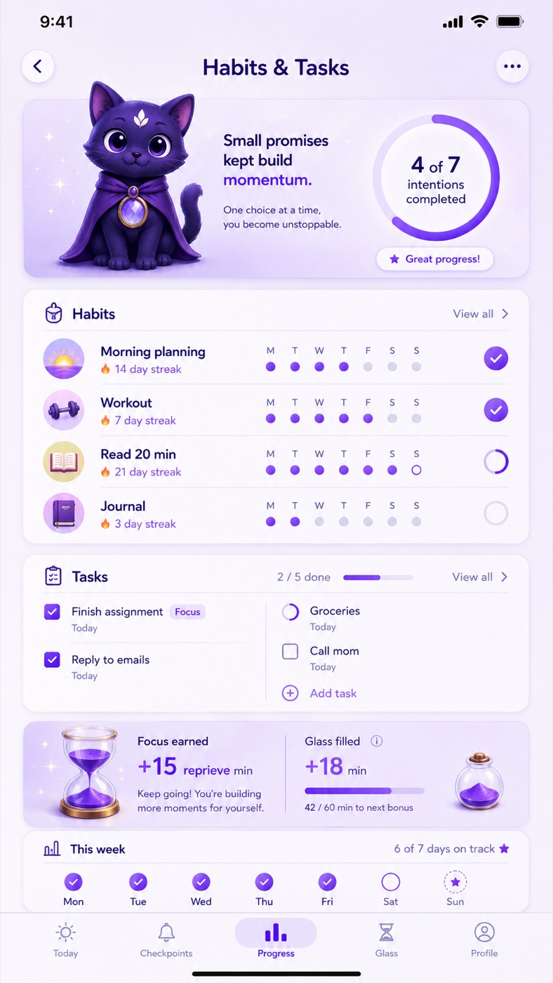 Nosce Habits & Tasks screen — streaks, intentions, and earned reprieve
