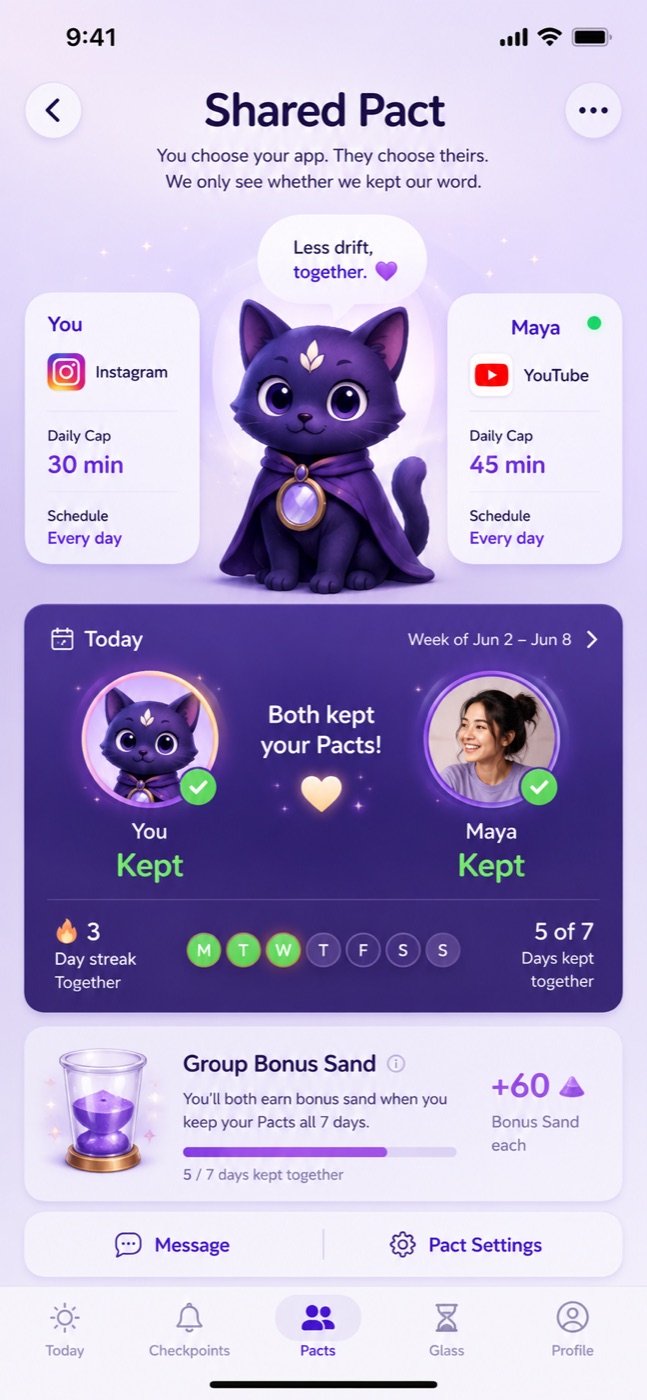 Nosce Shared Pact screen — two friends keeping a daily app limit together